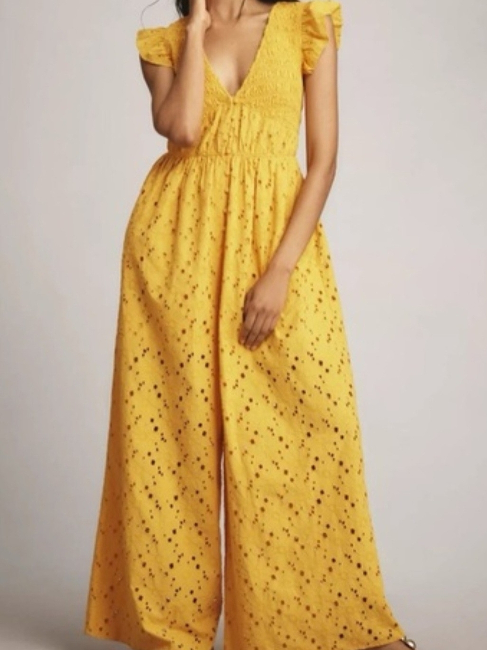 Anthropolgy Yellow Eyelet Wide-Leg Jumpsuit